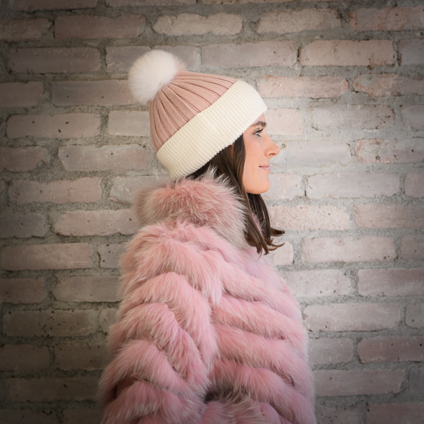 COPY - Aspen cashmere fur Pom beanie pink and cream Strawberry & Cream Cashmere Double Pom Pom Beanie Hat – LOOK  main image 4