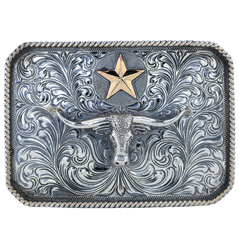 ★ ILLIGO★CRYSTAL BUCKLE SLEEVELESS STERLING SILVER AND GOLD LONGHORN TROPHY BUCKLE
