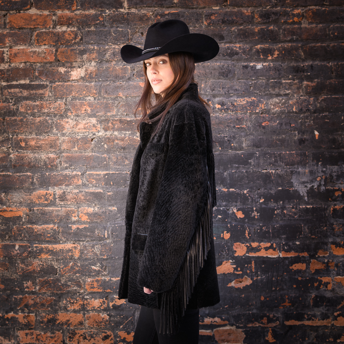 BLACK MERINO COAT WITH FRINGE