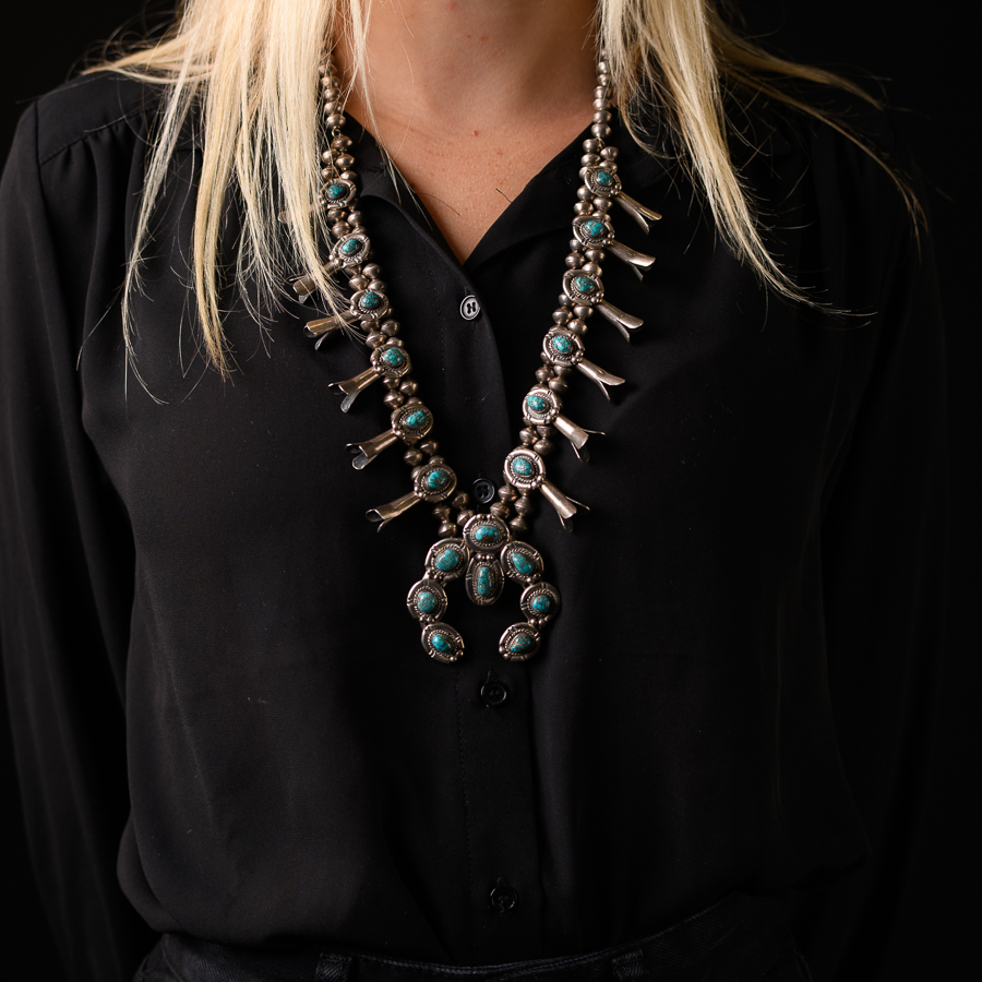 APACHE BLUE WEBBED TURQUOISE SQUASH BLOSSOM