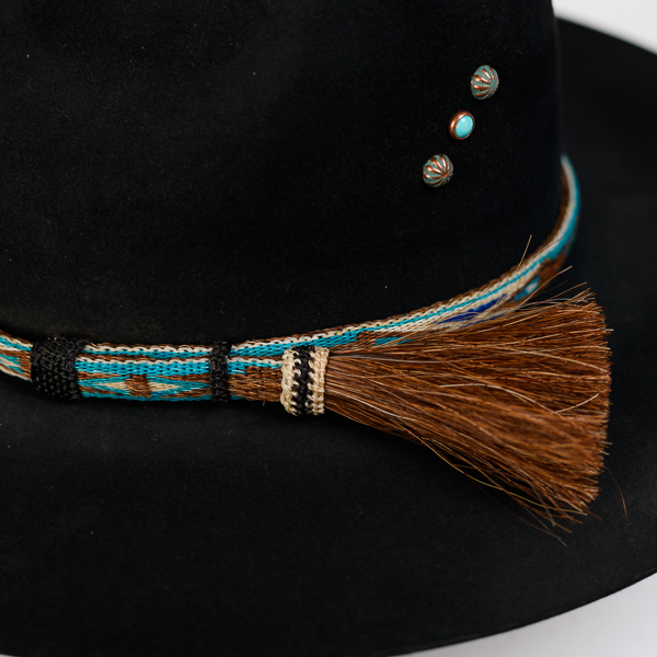 BROWN & TURQUOISE HITCHED HORSE HAIR HAT BAND WITH TASSEL