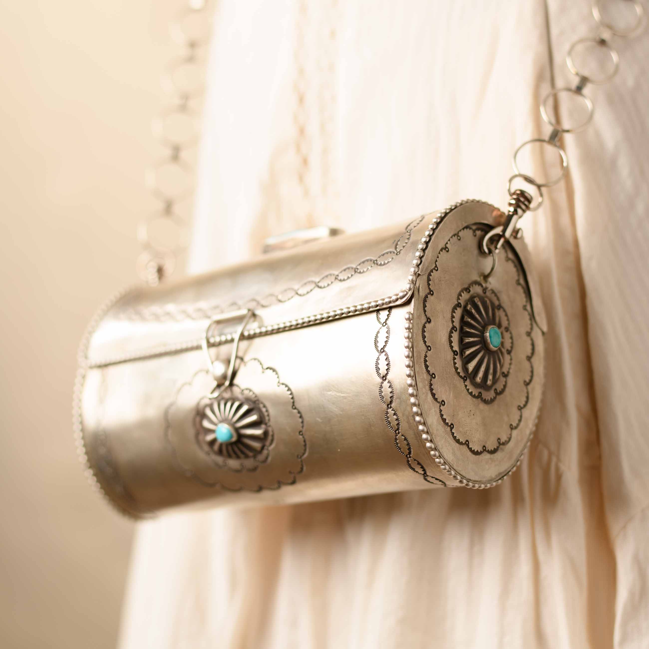 PHILL LYNN NAVAJO STERLING SILVER & TURQUOISE STAMPED BAG