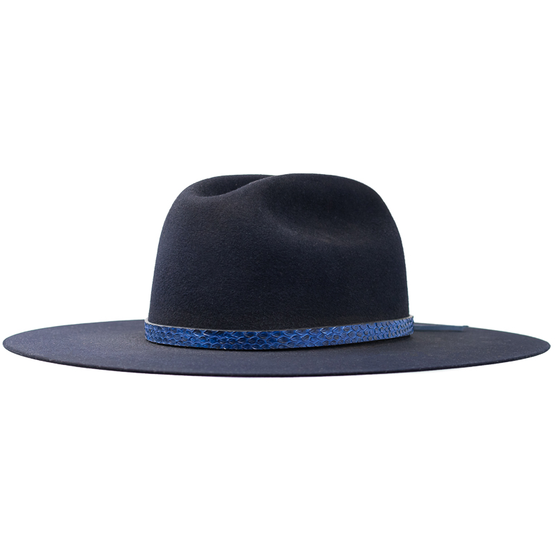 blue fedora hat, white mesh cap, black fedora hat hanging on black